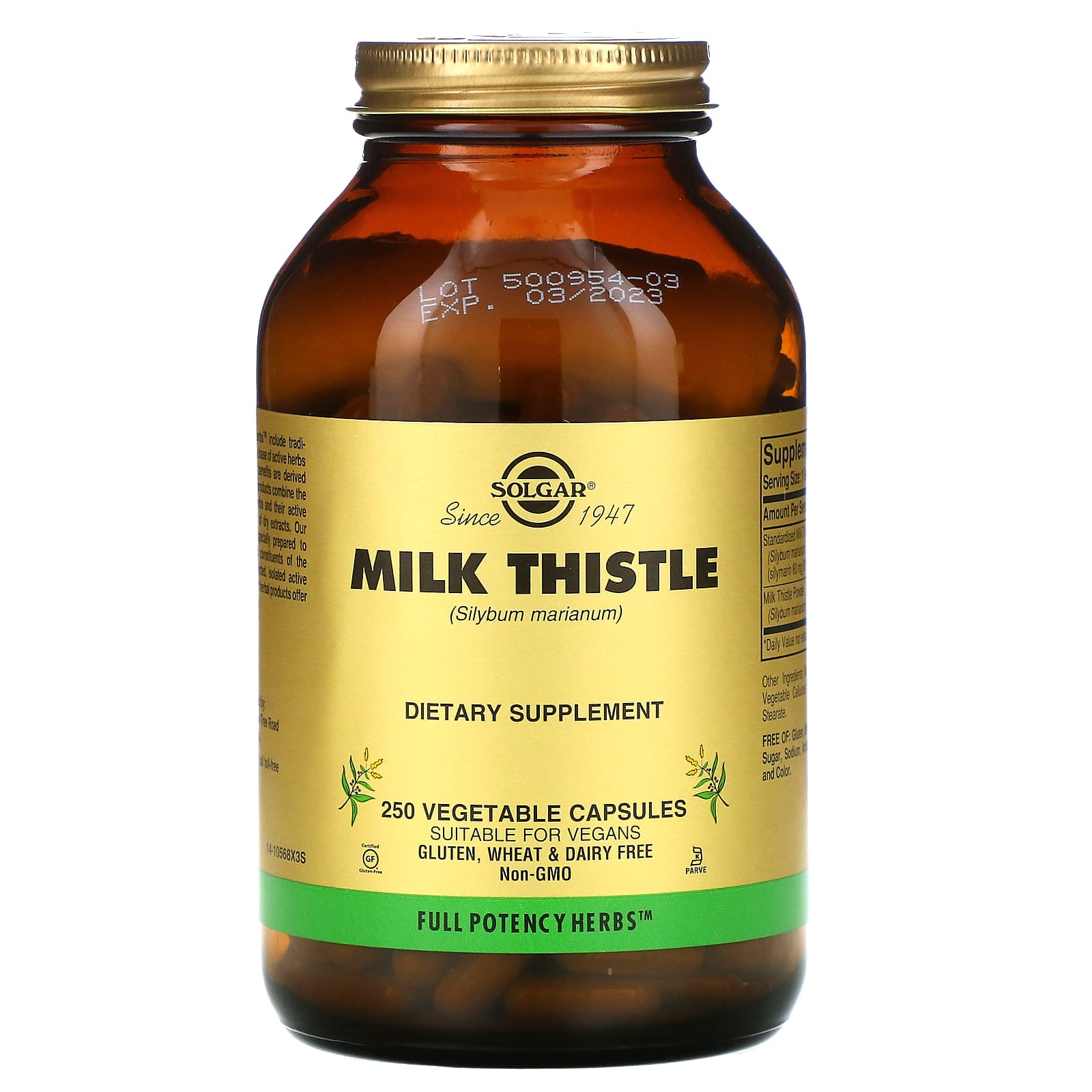 Solgar, Milk Thistle 100 mg F/P, 250 Vegetable Capsules UPC 033984039735 | HiLife Vitamins